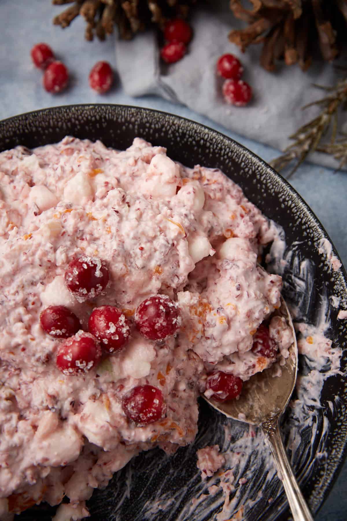 A close-up of cranberry fluff salad in a black dish, garnished with whole cranberries. A silver spoon is resting in the mixture, and pinecones are visible in the background.