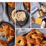 Collage of soft pretzels and creamy beer cheese spread, featuring ingredients like cream cheese, cheddar, lager beer, and spices. Text reads: "A Classic Kentucky Appetizer" and "BUTTERAND-BAGGAGE.COM".