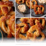 A collage of homemade soft pretzels with coarse salt, served on a plate with a bowl of dipping sauce. The text at the bottom reads "The Best Soft Pretzels," highlighting these freshly baked treats.