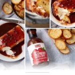 A collage shows a raspberry cream cheese dip with chipotle sauce, a chip dipped in it, toasted baguette slices, and a bottle of raspberry chipotle sauce. Text reads: "Raspberry Chipotle Dip Recipe.