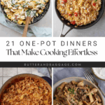 A collage of four one-pot pasta dishes in various pans—creamy spinach tortellini, risotto with tomatoes, tomato pasta, and mushroom pasta. Text reads: "21 One-Pot Dinners That Make Cooking Effortless—these one pot dinners seem too easy to be true.