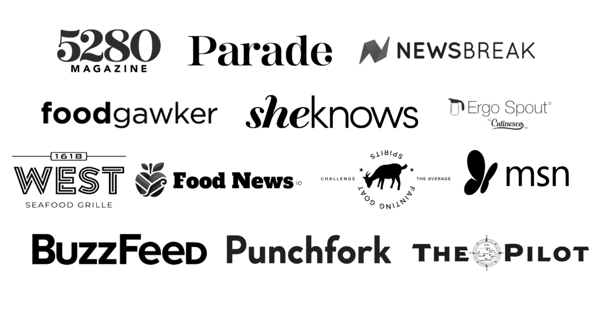 A collage of various media and publication logos, including Butter and Baggage, 5280 Magazine, Parade, Newsbreak, foodgawker, sheknows, Ergo Spout, WEST Seafood Grille, Food News, MSN, BuzzFeed, Punchfork, and The Pilot.