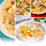 Collage showing four different crockpot meals including chicken with potatoes, a veggie and biscuit stew, a cheesy casserole, and a creamy soup. Text below reads, "Crockpot recipes that make busy weeks feel easy.