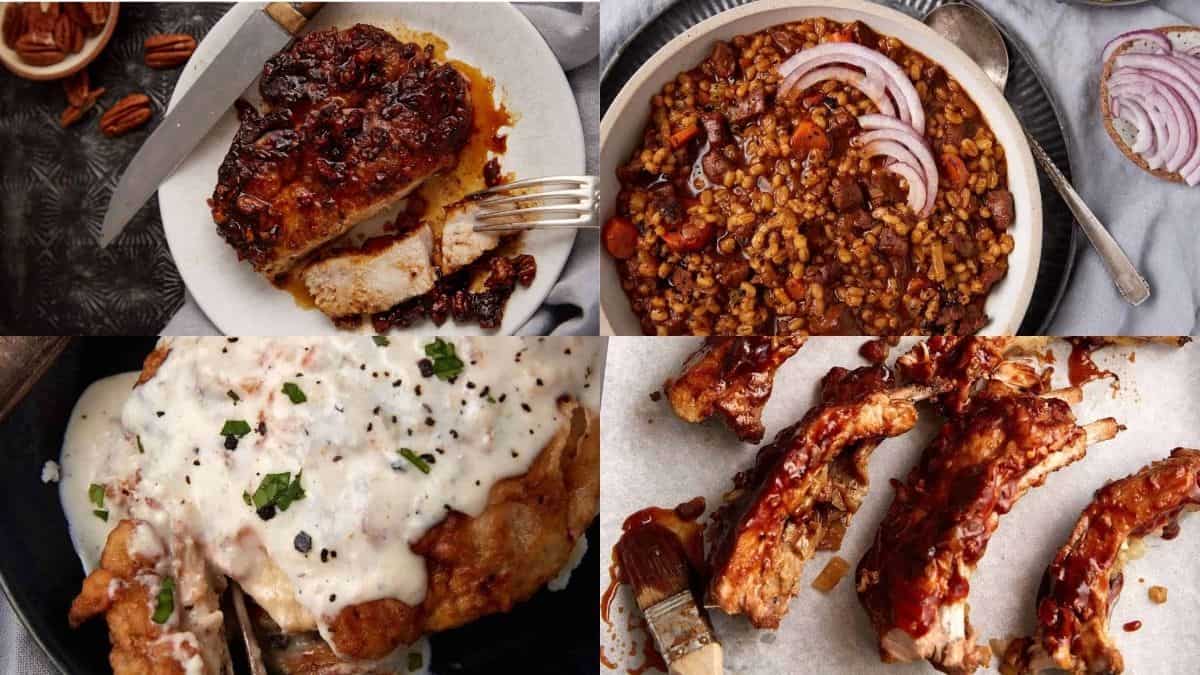 A collage of four dishes: glazed meatloaf, a bowl of chili with barley and sliced red onions, chicken fried steak with creamy white gravy, and barbecued ribs being brushed with sauce.