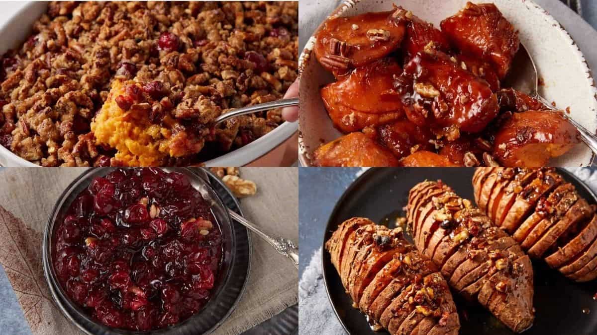 A collage of four southern dishes everyone claims their grandma invented: sweet potato casserole with crumble topping, glazed candied yams, a bowl of cranberry sauce, and hasselback sweet potatoes with pecans and syrup.