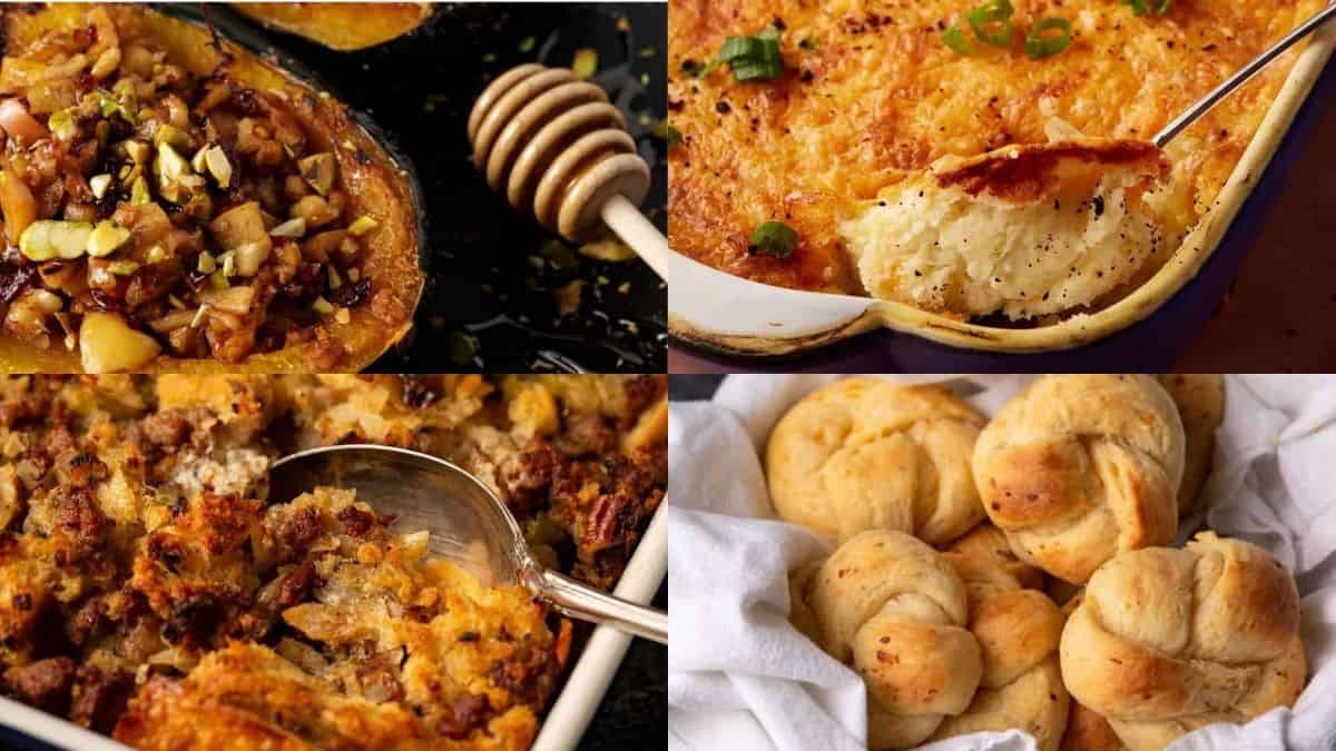 A collage of four Thanksgiving side dishes: stuffed acorn squash, baked cheesy casserole, savory bread pudding with a serving spoon, and a basket of golden brown dinner rolls—plus cranberry creations that brighten every Thanksgiving plate.