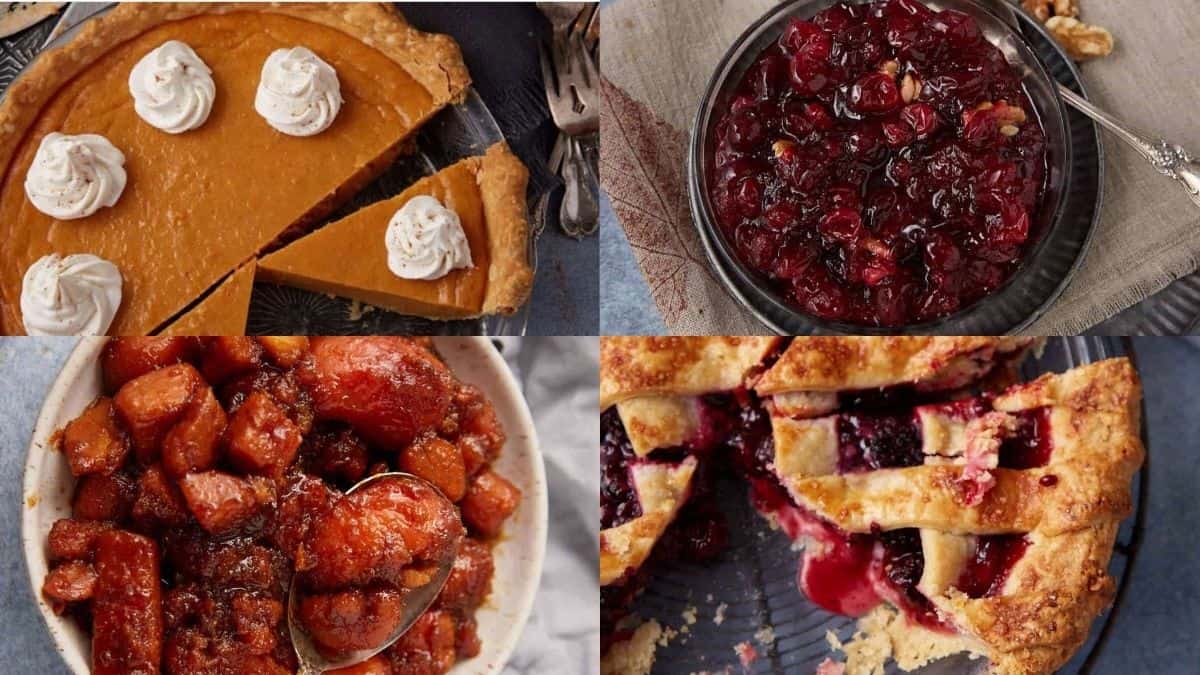 A collage of four images showcases dishes that smell like Thanksgiving morning: pumpkin pie with whipped cream, a bowl of cranberry sauce, candied sweet potatoes, and a lattice-topped mixed berry pie with a slice removed.