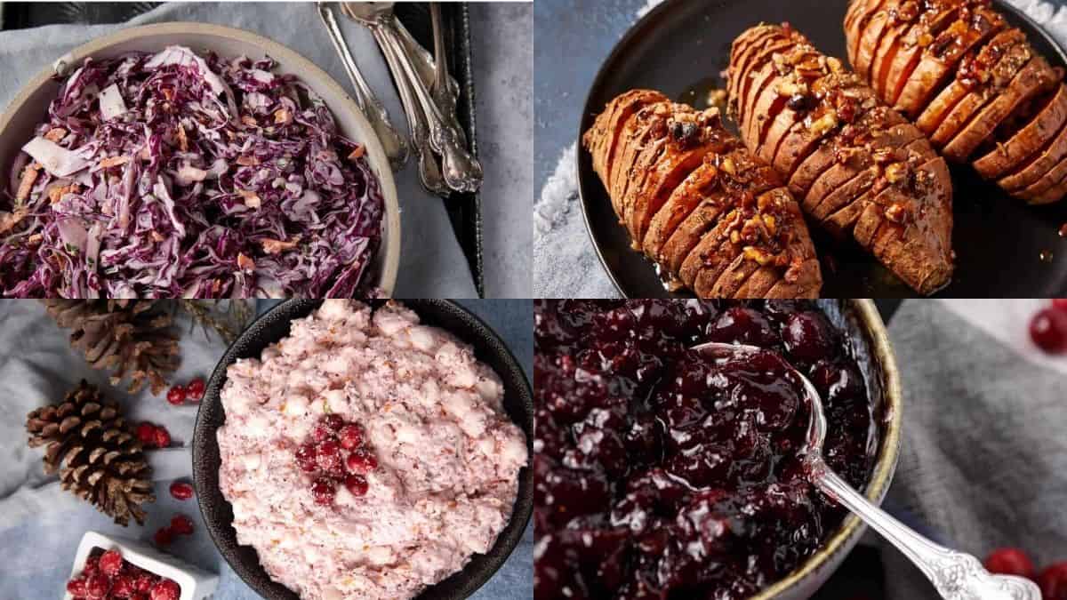 A collage of four dishes: coleslaw with purple cabbage, Hasselback sweet potatoes with toppings, a bowl of pink cranberry salad, and a bowl of cranberry sauce with a spoon.