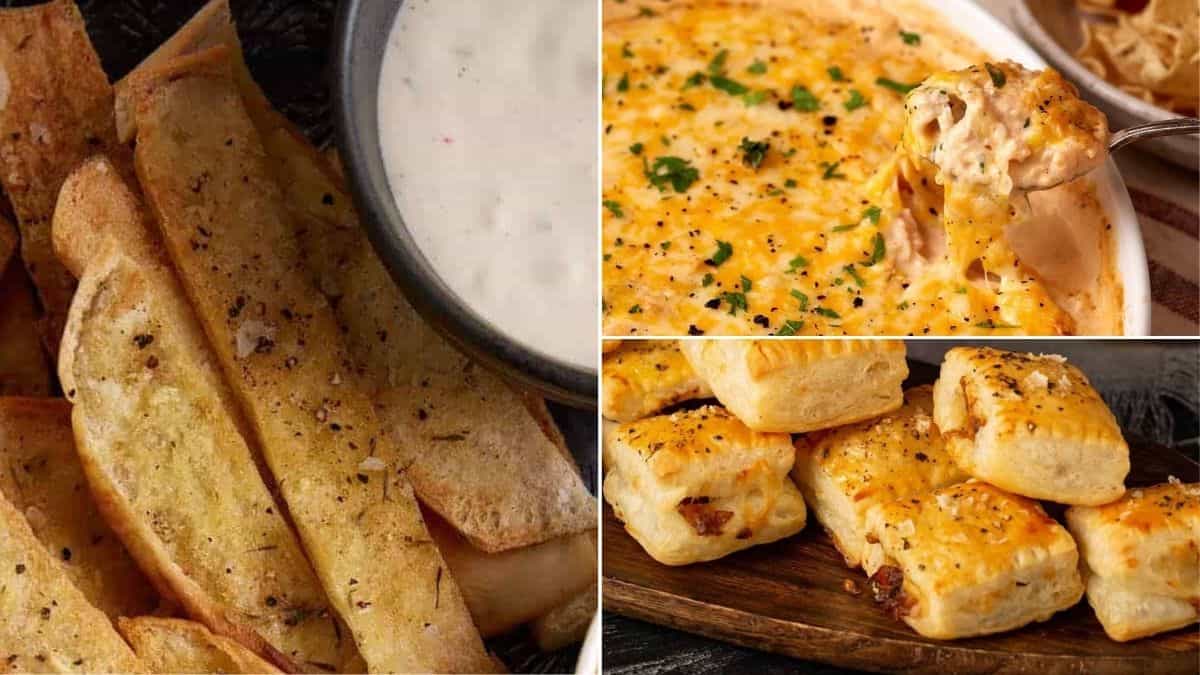 A collage showing cheesy garlic breadsticks with dipping sauce, a close-up of baked cheesy dip being scooped, and several golden puff pastry bites—classic Christmas appetizers families make every year—on a dark wooden board.