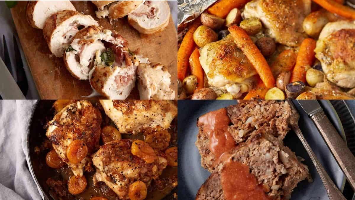 A collage of four homemade dinner dishes: stuffed chicken breast slices, roasted chicken thighs with carrots and potatoes, chicken thighs in a skillet with sauce, and two slices of meatloaf with tomato sauce—holiday mains no one talks about.