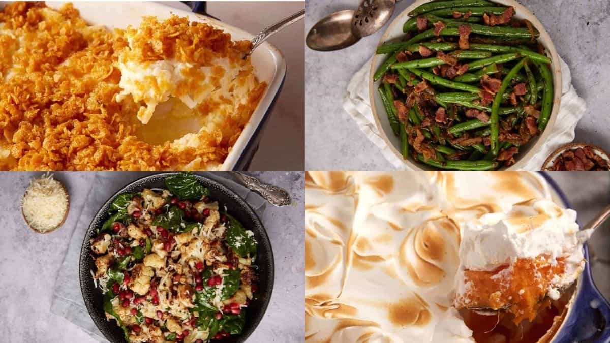 A collage of four dishes: cheesy potato casserole with a crispy topping, green beans with bacon, a salad with pomegranate and parmesan, and a dessert reminiscent of cranberry dishes that deserve way more credit.