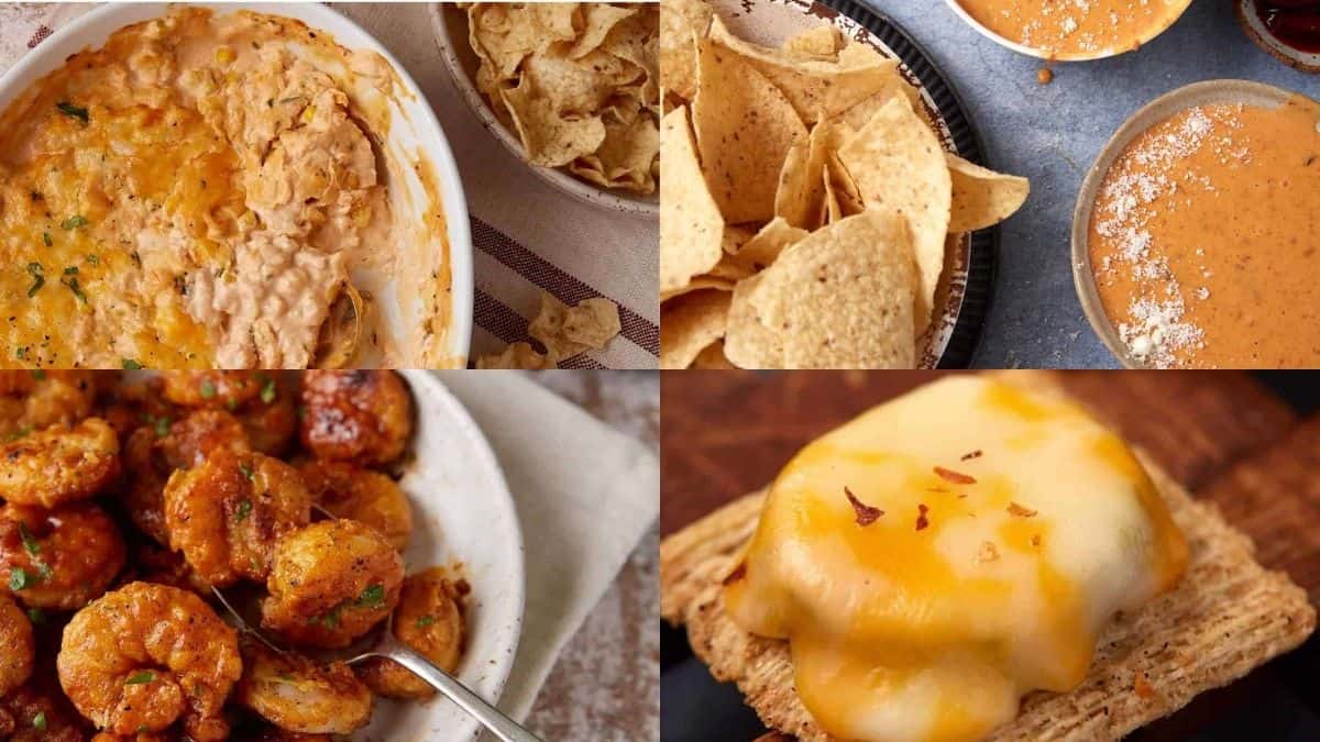 A collage of four images: creamy cheese dip with tortilla chips, chips with a bowl of queso, seasoned shrimp, and a cracker topped with melted cheese and red pepper flakes—these cheesy appetizers will have guests asking for seconds.