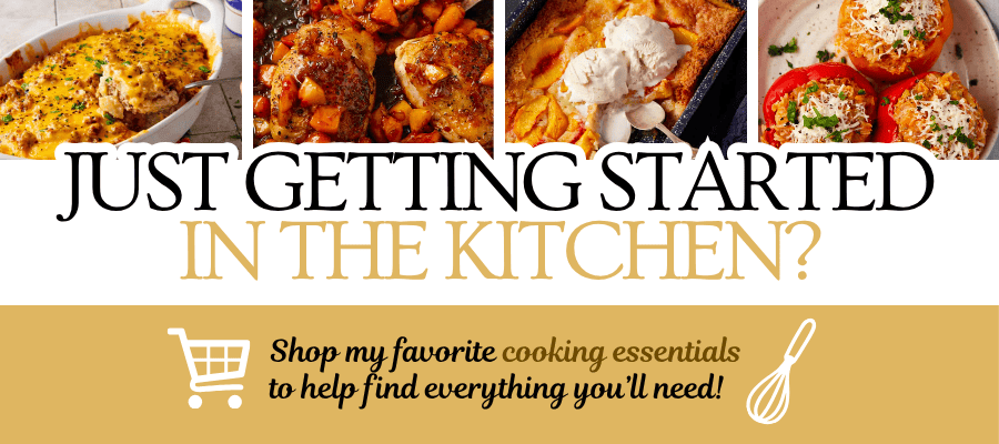 A collage of four cooked dishes, with text reading "Just getting started in the kitchen? Shop my favorite cooking essentials to help find everything you’ll need!" and icons of a shopping cart and whisk at the bottom.