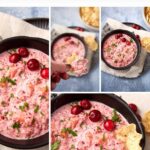 Collage featuring a creamy Cranberry Dip with jalapeño in a black bowl, topped with cranberries and parsley. Tortilla chips are nearby, and a hand dips one into the bowl. The text reads, “Cranberry Jalapeño Dip Recipe.”.