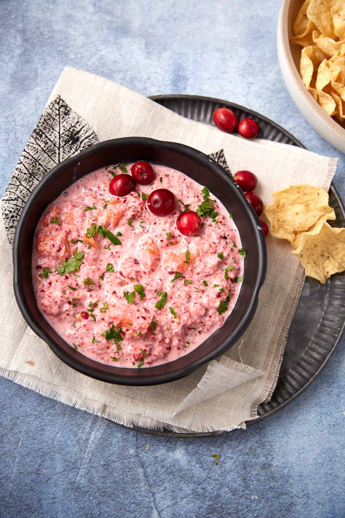 A black bowl filled with creamy pink dip garnished with chopped herbs and cranberries, placed on a napkin-covered plate. Tortilla chips and extra cranberries are next to the bowl on a light blue surface.
