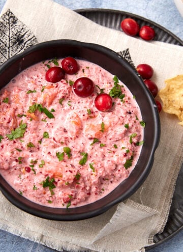 A black bowl filled with creamy cranberry salsa garnished with fresh cranberries and chopped herbs, placed on a beige napkin with tortilla chips on the side.