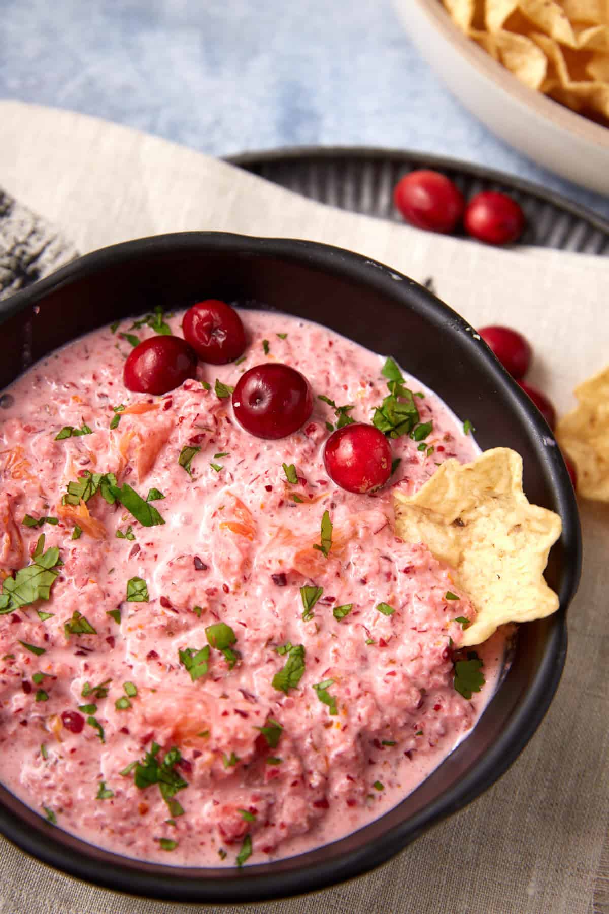 A black bowl filled with creamy cranberry salsa, garnished with whole cranberries and chopped herbs, sits on a light cloth with tortilla chips nearby. A bowl of chips is in the background.