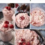 Collage of a festive cranberry fluff salad made with whipped cream, cranberries, and marshmallows. The dish is shown in bowls and glasses, garnished with cranberries, on a blue-gray background with pinecones.