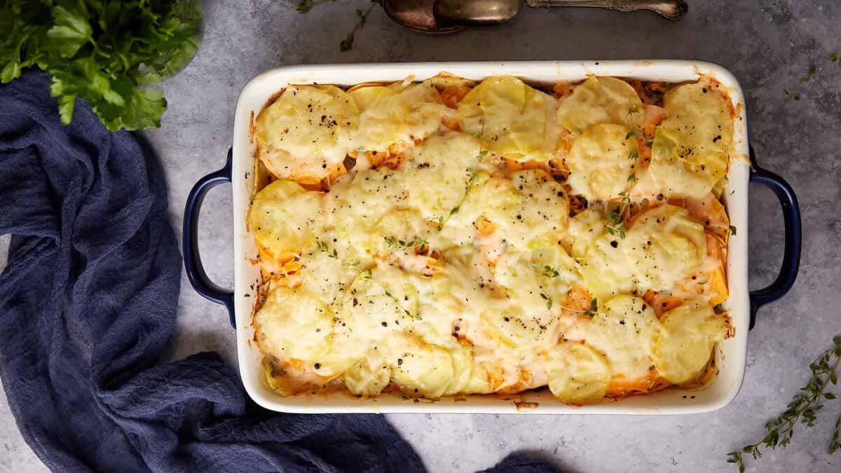 A casserole dish of scalloped sweet potatoes.
