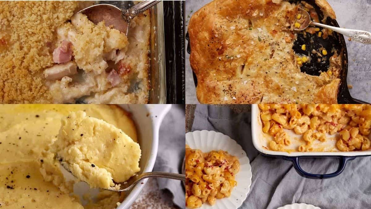 A collage of four baked comfort food dishes—recipes a whole generation grew up loving: a creamy casserole with breadcrumbs, a golden pie with a flaky crust, mashed potatoes being served, and baked macaroni and cheese in a blue dish.