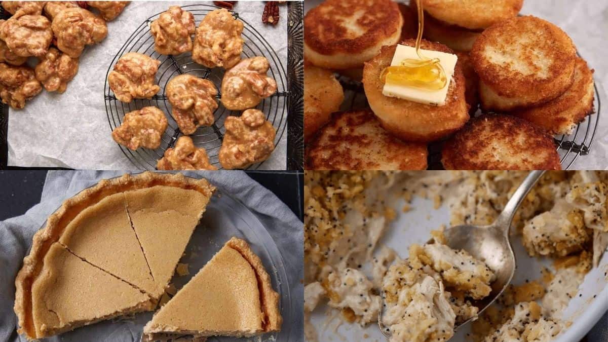 A collage of four Southern desserts—pralines on a wire rack, fried golden cornmeal cakes with butter and honey, custard pie slices, and creamy banana pudding—perfect after southern main dishes that know how to feed a crowd.