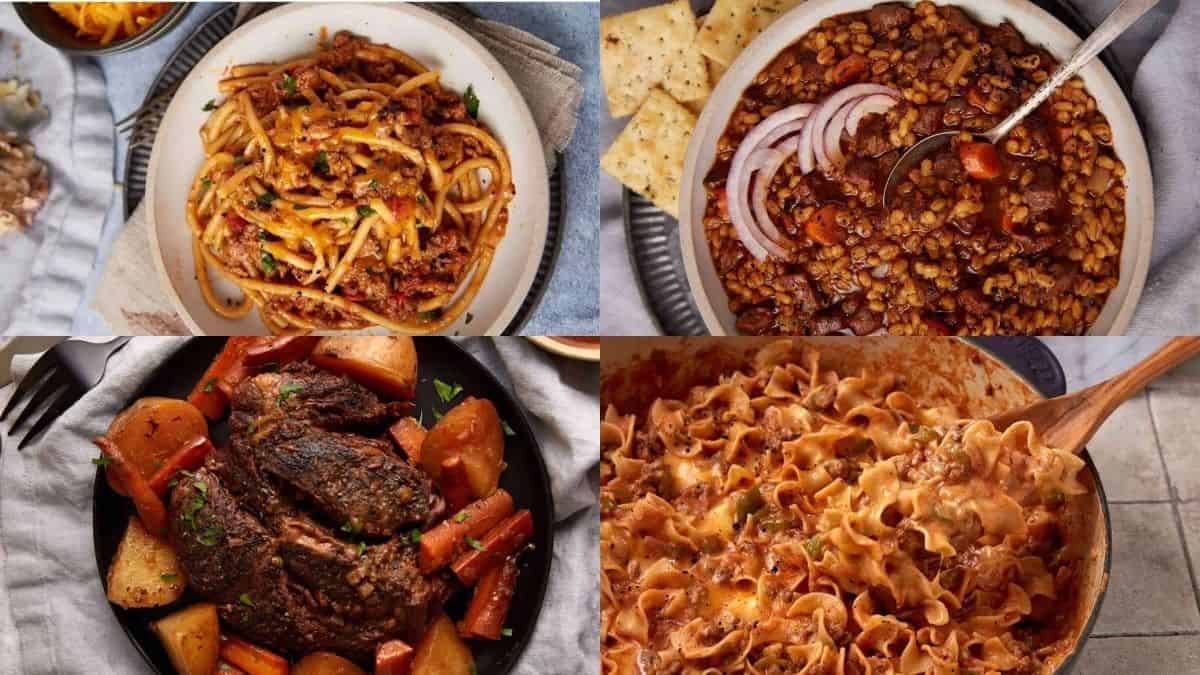 A collage of four dishes: spaghetti with meat sauce, chili topped with sliced red onions and served with crackers, pot roast with potatoes and carrots, and creamy beef stroganoff with egg noodles in a skillet.