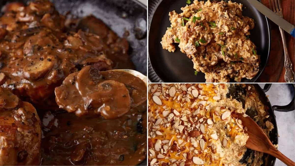 A collage of three creamy chicken comfort food dinners families lean on: chicken in mushroom sauce, crumbly chicken casserole, and a skillet of cheesy, almond-topped casserole being stirred with a wooden spoon.