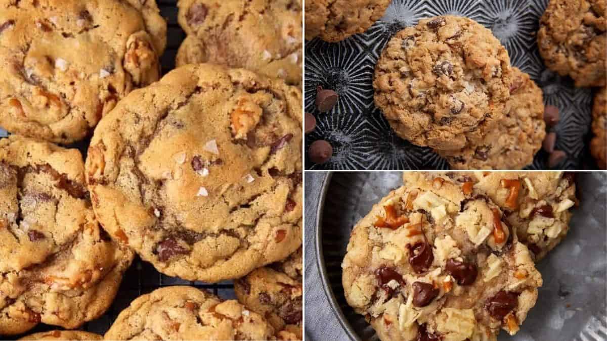 A collage of three close-up images of chocolate chip cookies with visible chocolate chunks and nuts on wire racks and plates. The cookies look golden-brown, chewy, and freshly baked.