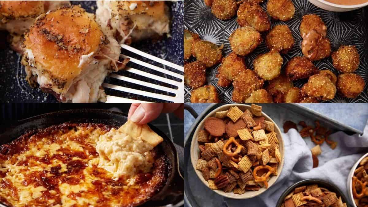 A collage of four party appetizers: cheesy sliders, crispy breaded bites, a hand dipping a cracker into baked cheese dip, and bowls of snack mix with pretzels and cereals.