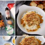 A collage shows ingredients for baked Boursin cheese, including Boursin, an egg, hot honey, panko, and crackers, beside a dish of baked Boursin cheese topped with golden breadcrumbs and drizzled with honey.