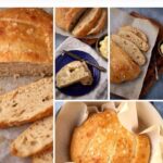 A collage shows a round, golden-brown Dutch Oven Bread loaf, sliced on parchment. Close-ups highlight its crusty exterior and airy, soft interior. A buttered slice rests on a blue plate. Text reads "No-Knead Dutch Oven Bread.
