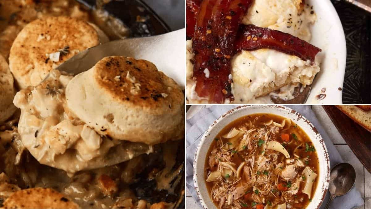 A collage of comfort foods people say yes to: chicken and biscuits in a skillet, creamy mashed potatoes topped with bacon, and a bowl of chicken noodle soup with shredded chicken and vegetables.
