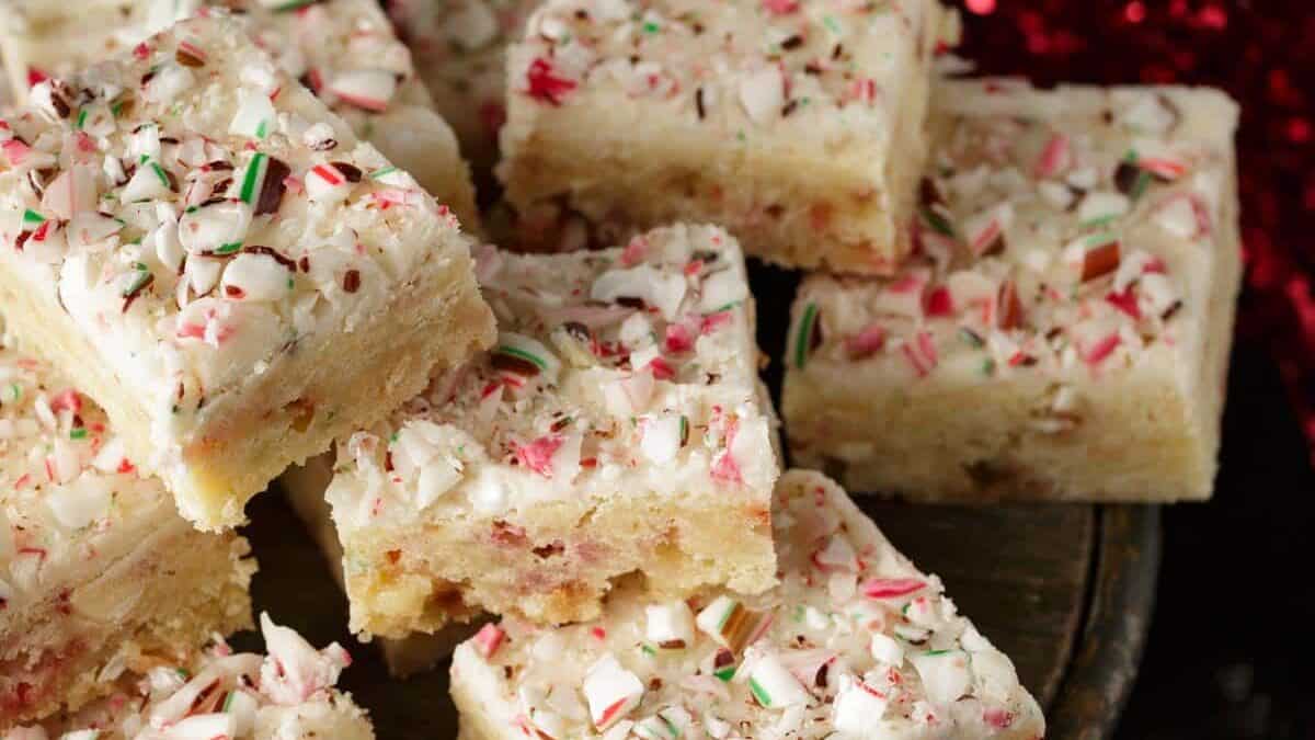 Stacks of Christmas blondies.