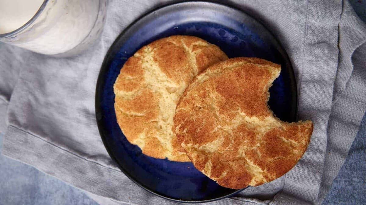 Two snickerdoodle cookies on a blue plate, one with a bite taken out, placed on a gray cloth next to a glass of milk.