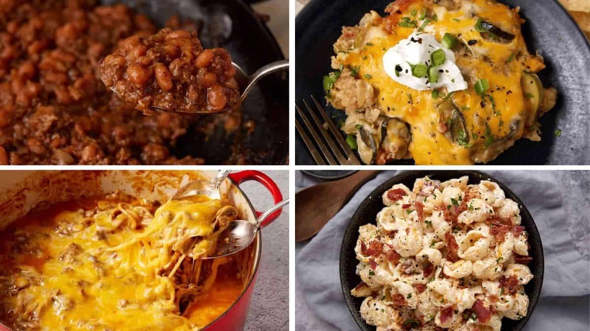A collage of four cheesy casserole dishes: baked beans with ground meat, a cheesy casserole topped with sour cream and green onions, a cheesy chicken casserole being served, and a macaroni salad with bacon.