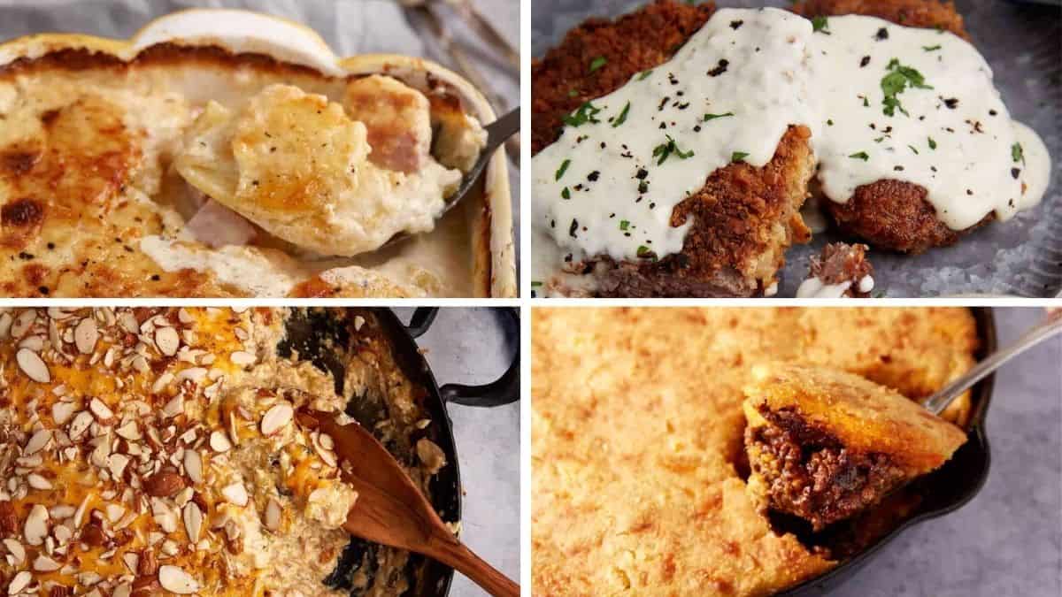 A collage of four comfort food dishes: creamy potato casserole, chicken-fried steak with white gravy, cheesy casserole topped with sliced almonds, and a baked dessert with a golden, crumbly crust.