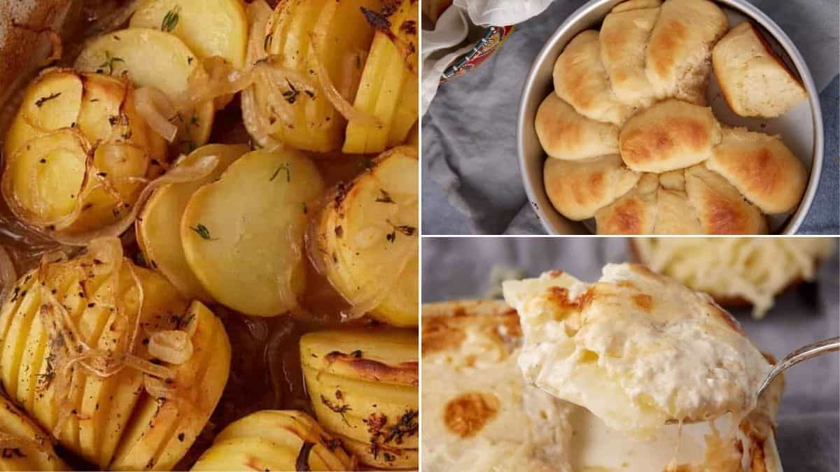 A collage featuring baked sliced potatoes with herbs and onions, a round pan of golden dinner rolls, and a serving of creamy, cheesy scalloped potatoes on a spoon.