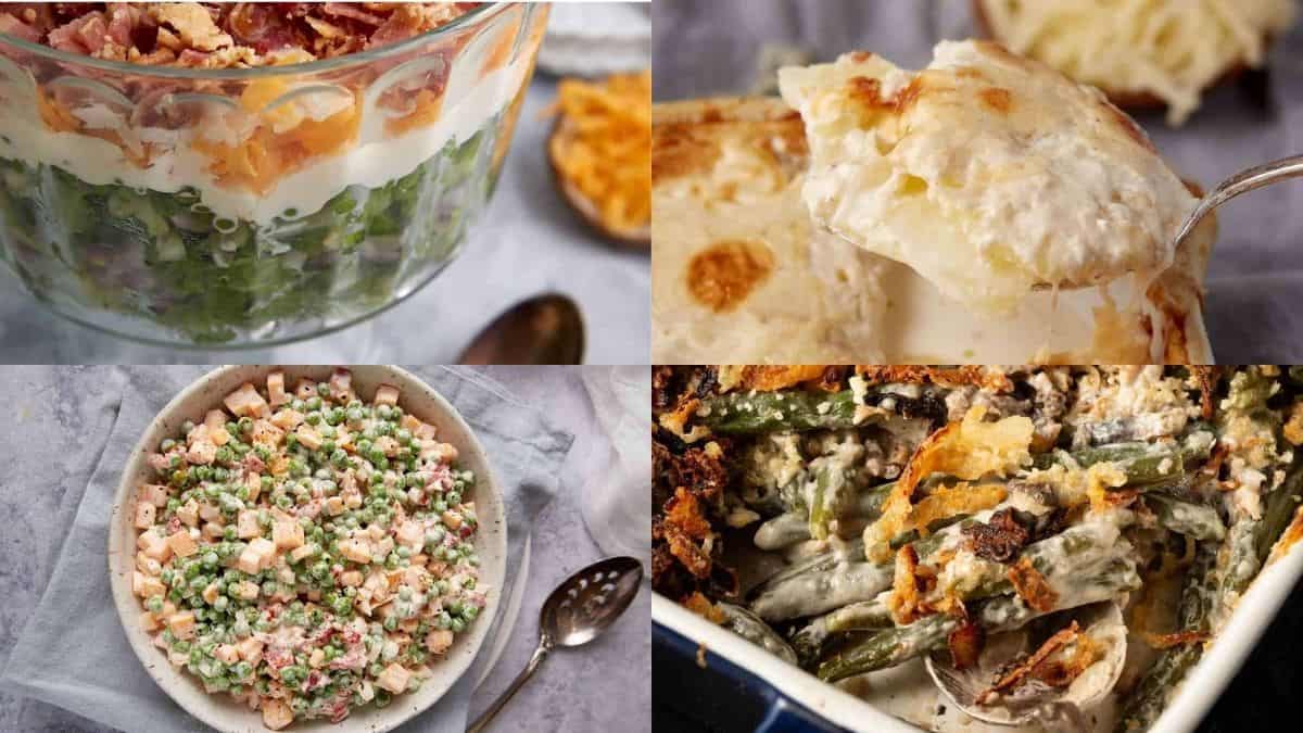 A collage of four images shows various creamy casserole dishes: a layered salad in a glass bowl, cheesy potatoes on a spoon, a pea and ham salad in a bowl, and green bean casserole in a baking dish.