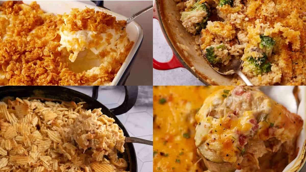 A collage of four creamy casserole dishes, each topped with a crunchy layer: cornflakes, breadcrumbs with broccoli, potato chips, and melted cheese with herbs and bits of ham. Spoons are serving portions from each dish.
