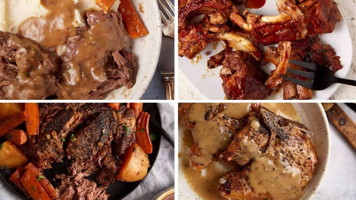 A collage of four plates of comfort food, each featuring cooked meat with gravy or sauce, accompanied by vegetables like carrots and potatoes. The dishes appear hearty, with rich sauces and tender, shredded or bone-in meats.