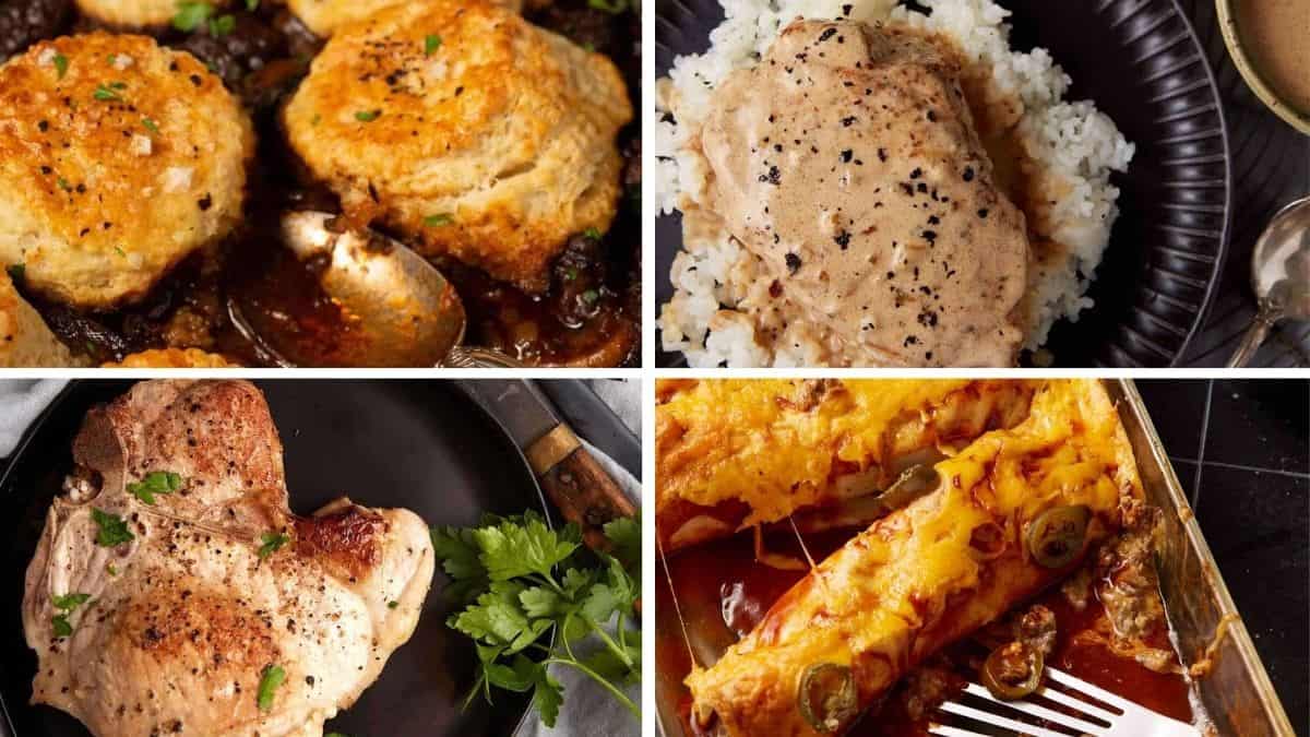 A collage of four chicken dishes: savory chicken with biscuits, creamy chicken over rice, seasoned baked chicken, and cheesy enchiladas in a baking dish.