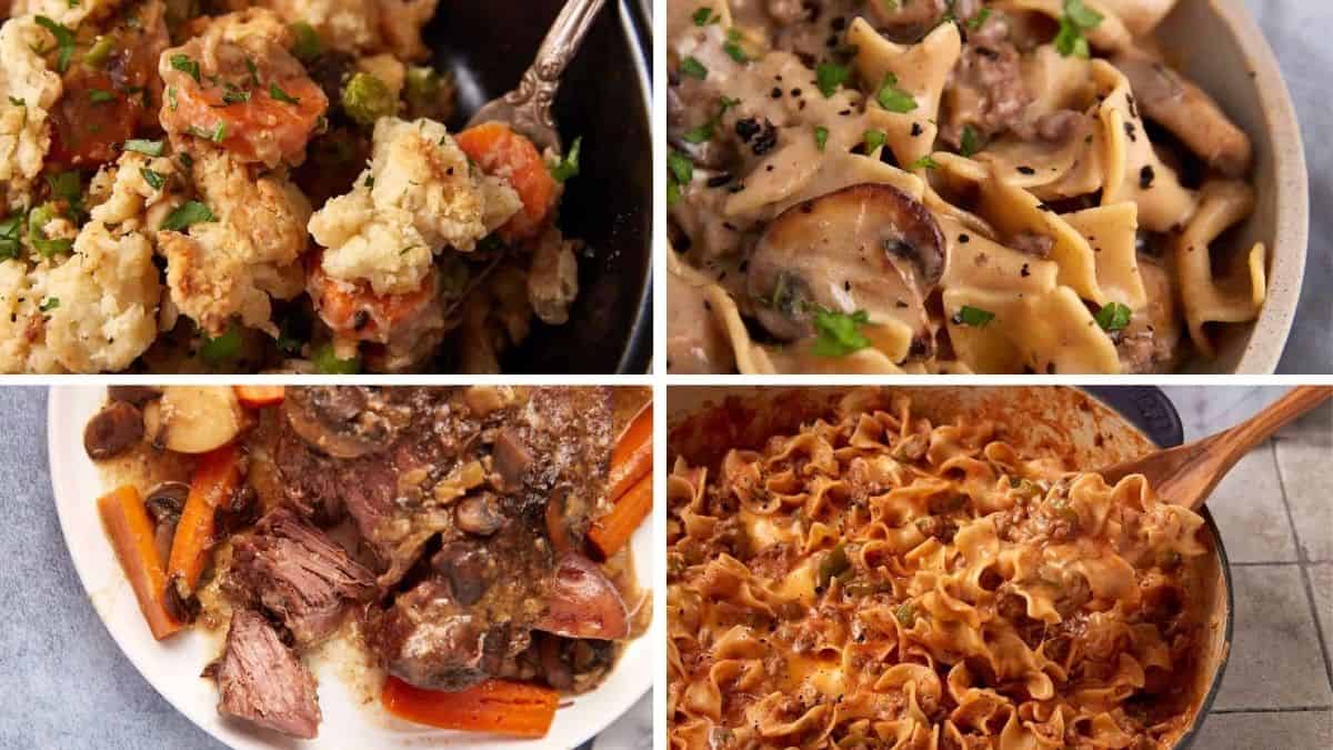 A collage of four winter dinners you can make in one pot: chicken and vegetable casserole, creamy mushroom pasta, pot roast with carrots and potatoes, and a cheesy noodle bake, all shown close-up and garnished with fresh herbs.