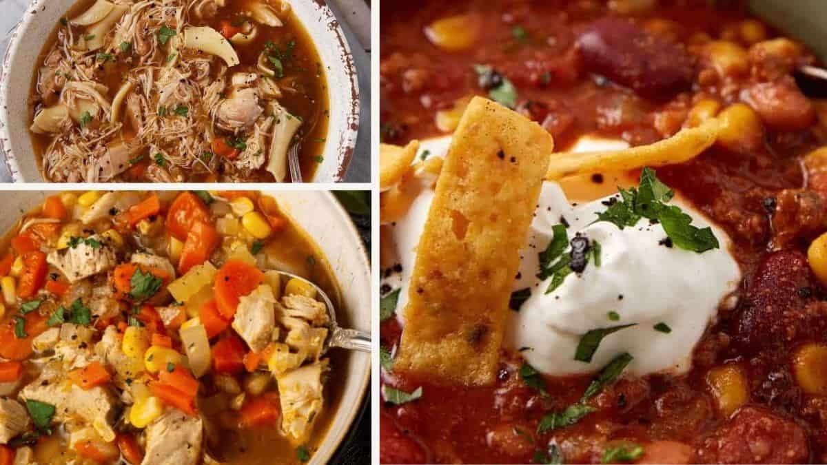A collage of three images featuring hearty soups and stews with visible chunks of chicken, vegetables, beans, noodles, and garnishes like tortilla strips and sour cream. The dishes look warm and comforting.