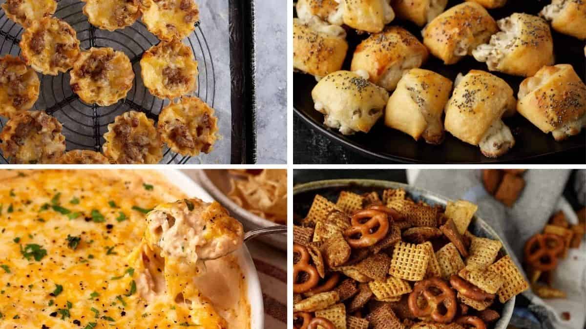 A collage of four different appetizers: mini sausage muffins, crescent roll bites, cheesy baked dip, and a bowl of snack mix with pretzels and cereal pieces.