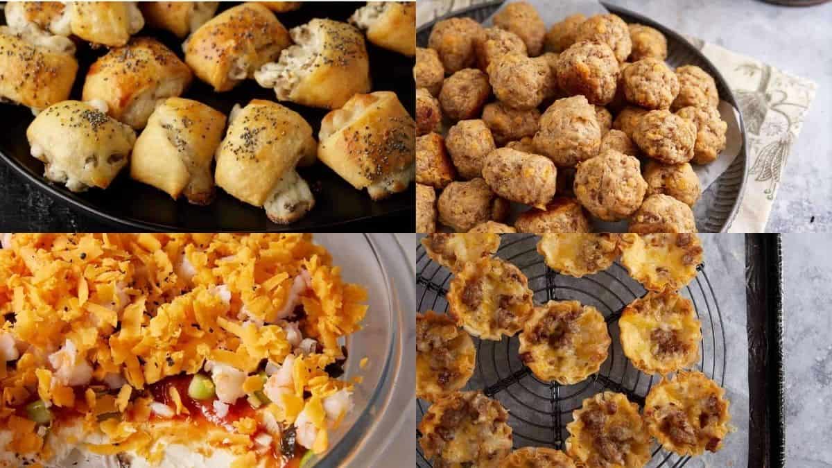A collage of four different party appetizers: crescent roll-ups with poppy seeds, a plate of sausage balls, a layered dip topped with shredded cheese, and mini baked quiches with sausage.