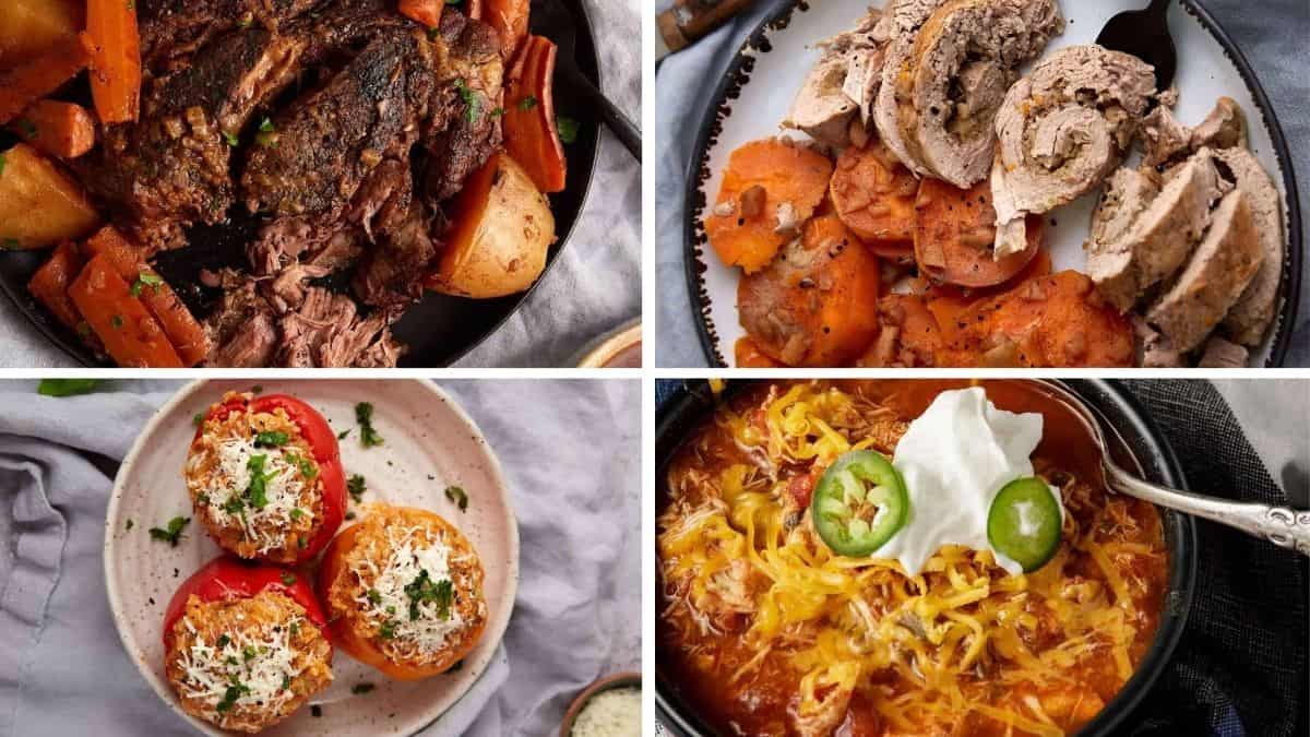 A collage of four dishes: pot roast with carrots and potatoes, stuffed pork with sweet potatoes, three stuffed bell peppers on a plate, and a bowl of chili topped with cheese, jalapeño, and sour cream.