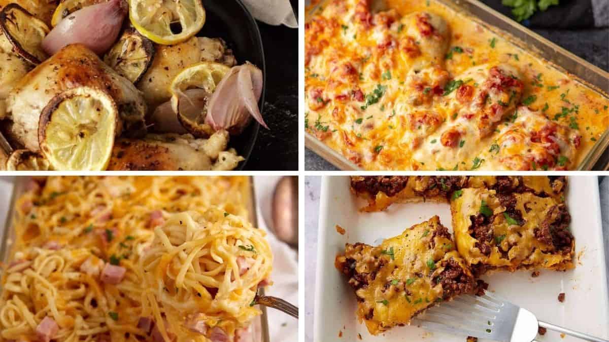 A collage of four baked dishes: roasted chicken with lemon and onions, cheesy baked chicken in sauce, baked pasta with ham and cheese, and cheesy ground beef casserole cut into squares.
