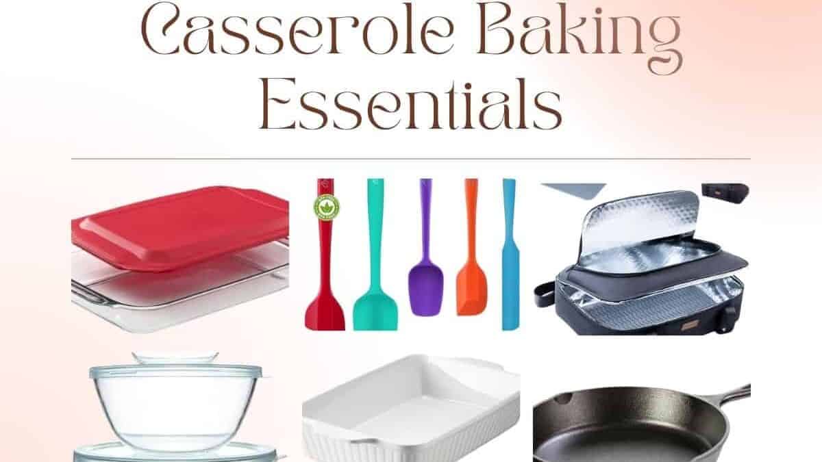 A collage of casserole baking essentials—glass and ceramic dishes, a skillet, mixing bowls, colorful spatulas, and a roasting pan—perfect for cozy dinners for staying in. "Click Here To Shop!" appears at the bottom.