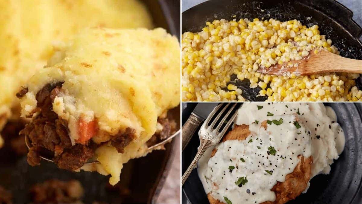 A collage of three dishes: shepherd’s pie with a mashed potato topping, sautéed corn in a skillet with a wooden spoon, and chicken fried steak smothered in white gravy on a plate with a fork and knife.