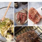 A collage shows the process of making a standing rib roast: mixing herbs, seasoning the raw roast, the cooked standing rib roast sliced on a plate, and roasting on a rack. Text reads "Oven-Roasted Standing Rib Roast.
